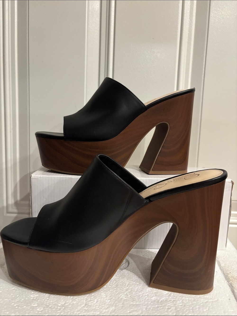Jessica Simpson Black Platform Slide with Wood-Effect Heel